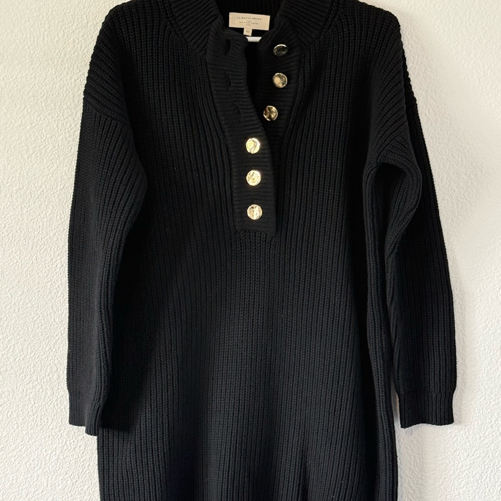 Sezane Black Long Sleeve Dress with Gold Buttons S1 - Picture 5 of 16